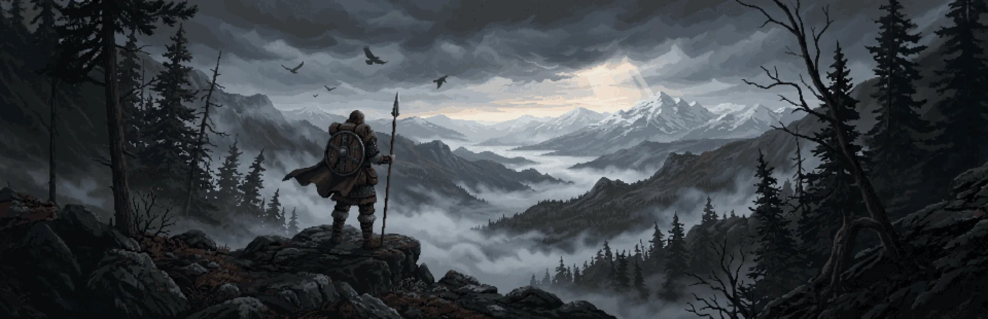 Key art from Isentroth: a figure with a spear and round shield looks over a fog-filled mountain valley.