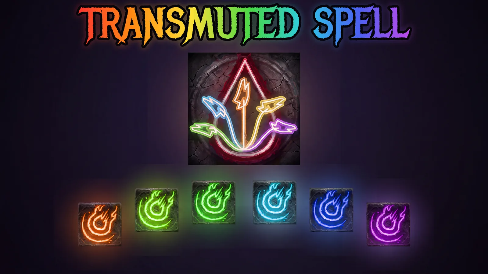 Banner for Transmuted Spell: a rainbow title over a cracked-stone emblem, with six colored flame icons beneath it.
